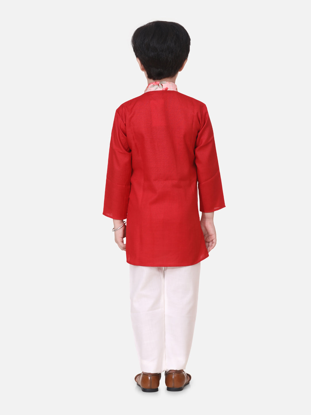 BownBee Sibling Set Attached Jacket Kurta Pajama For Boys-Red with Ruffle Sleeve Collar Choli With Floral Lehenga - Red