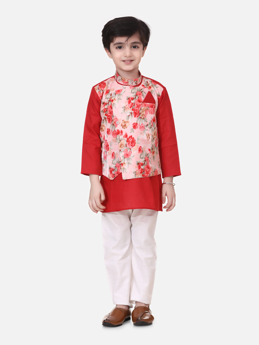 BownBee Sibling Set Attached Jacket Kurta Pajama For Boys-Red with Ruffle Sleeve Collar Choli With Floral Lehenga - Red