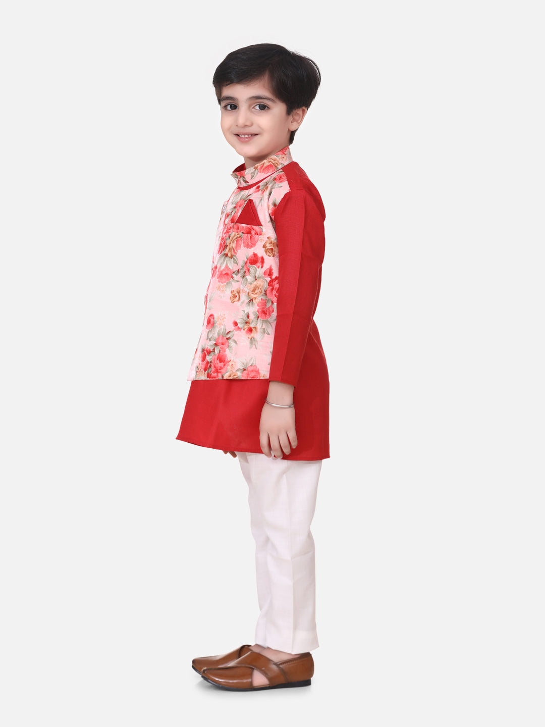 BownBee Sibling Set Attached Jacket Kurta Pajama For Boys-Red with Ruffle Sleeve Collar Choli With Floral Lehenga - Red