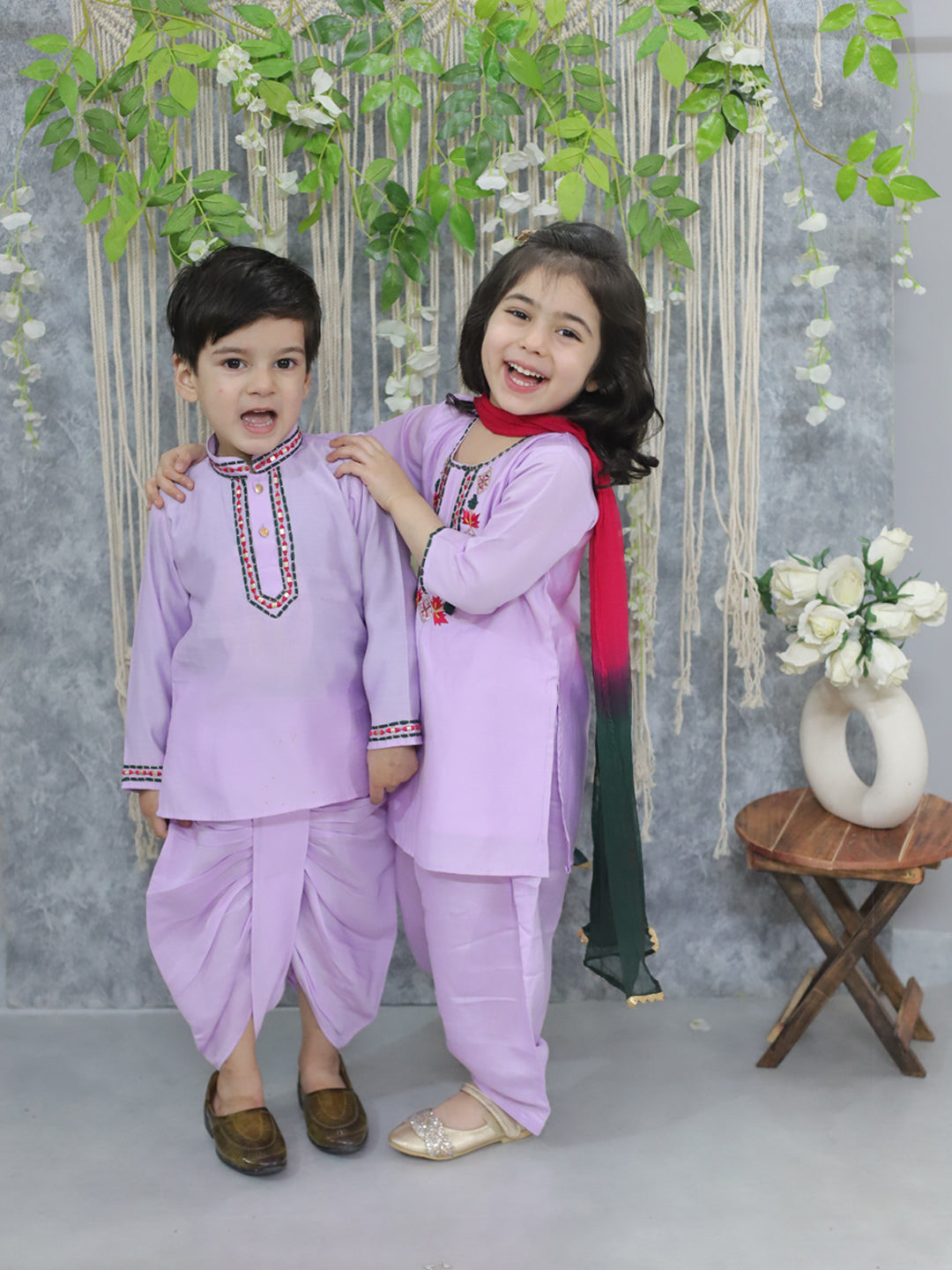 BownBee Embroidered Full Sleeve Dhoti Kurta & Salwaar Suit with Dupatta Sibling Set- Lavender