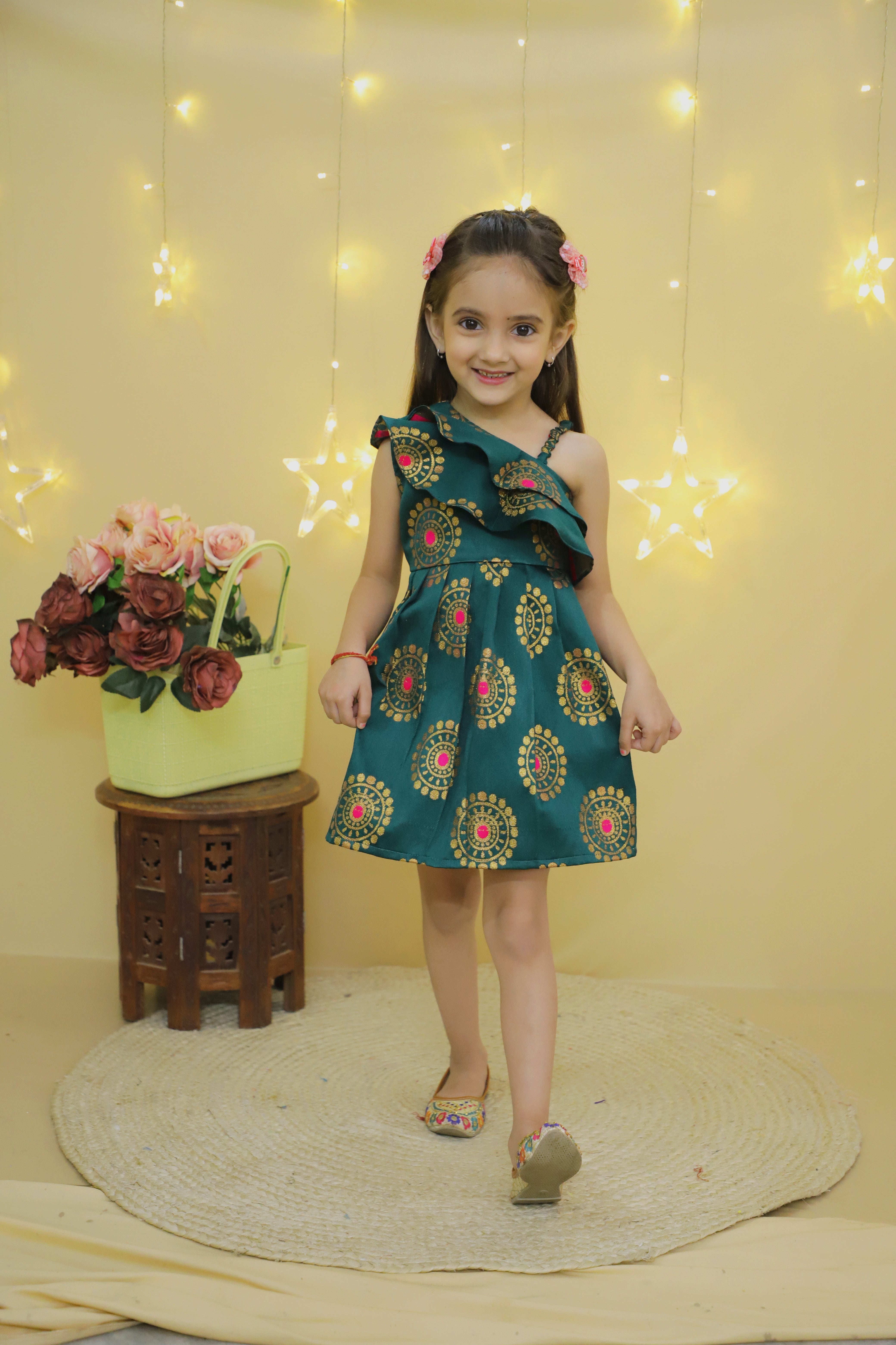 BownBee Party One Shoulder Ethnic Wear Frock - Green