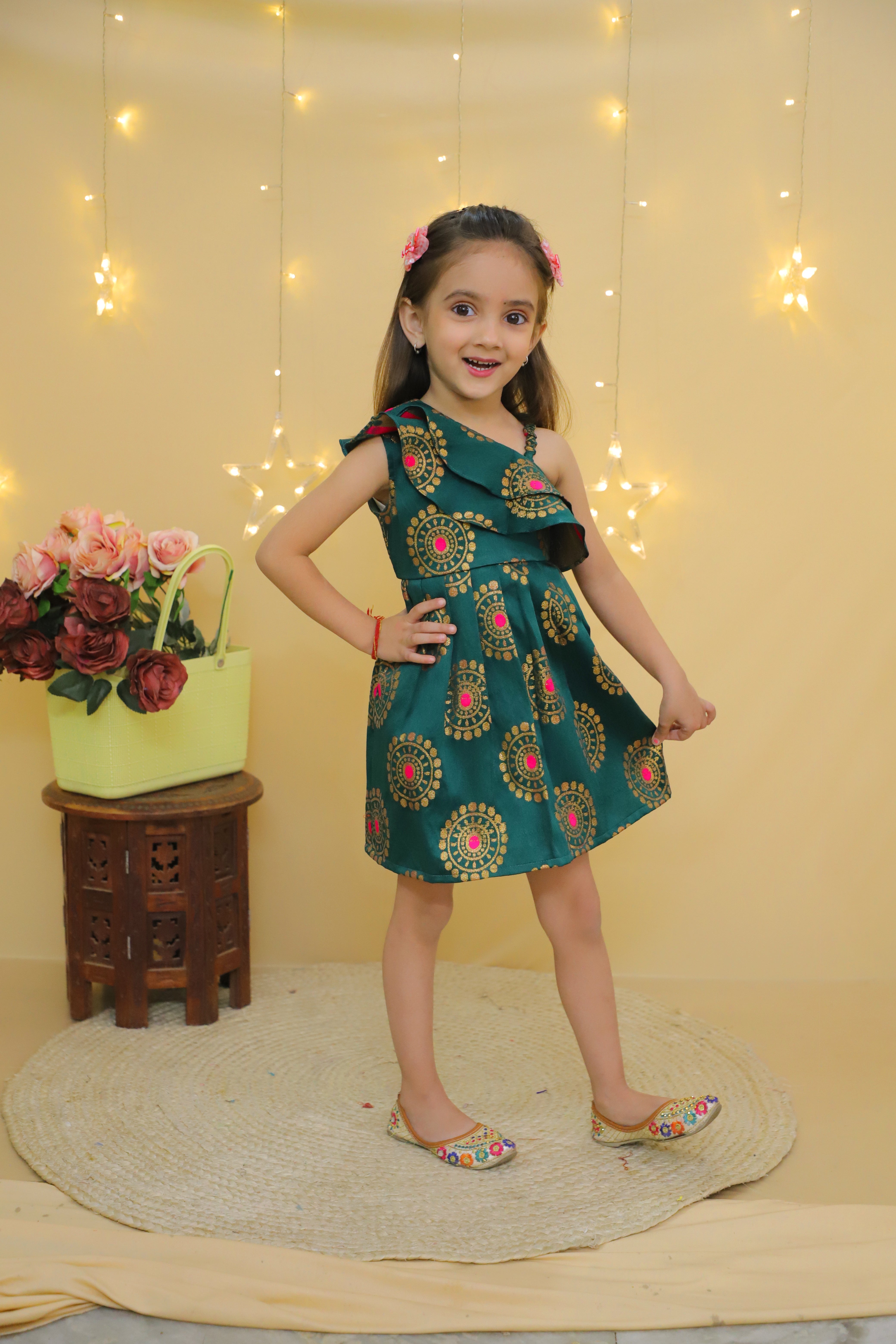 BownBee Party One Shoulder Ethnic Wear Frock - Green