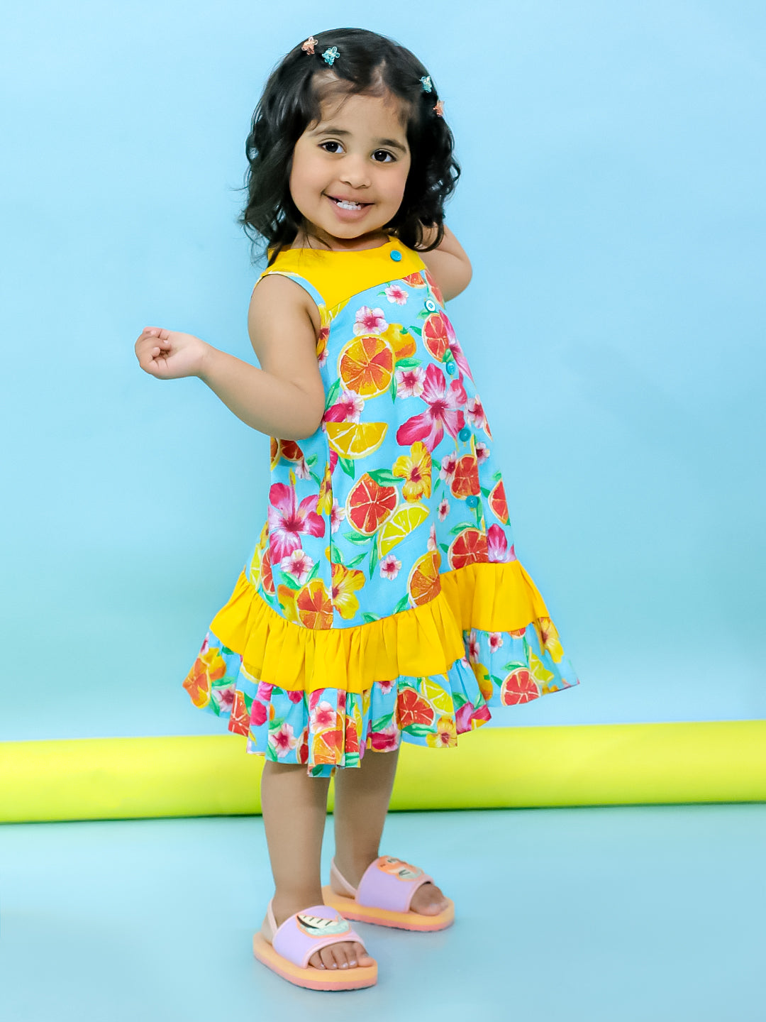 BownBee SunnyCitrus Shirt & Shorts Set & Summer Dress Sibling Set - Blue