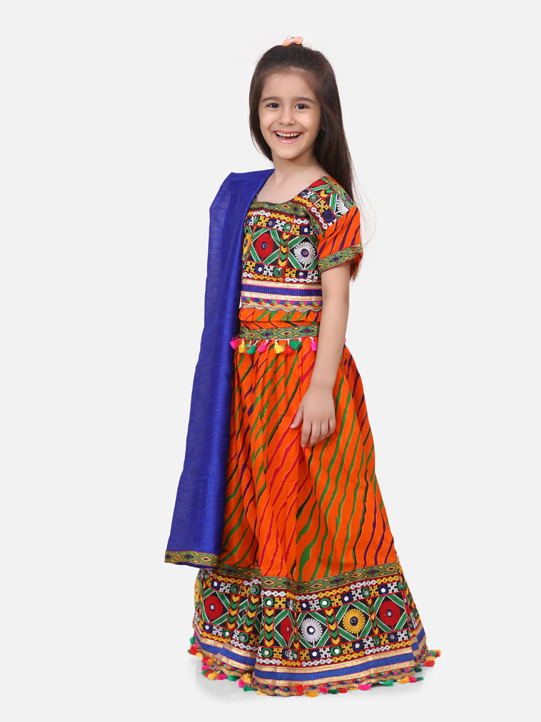 BownBee Kids Girls Navratri Dandiya  Garba Leheria Print Cotton Lehnga Choli With Dupatta- Orange