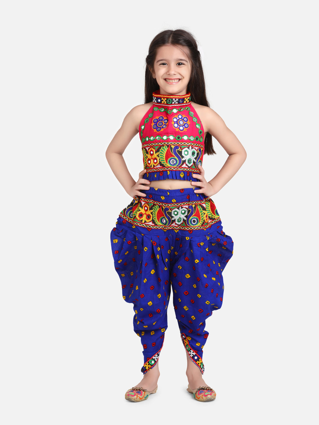 BownBee Blue Bandhani Cotton Dhoti Kurta Set and Choli with Dhoti for Kids - Sibling Set