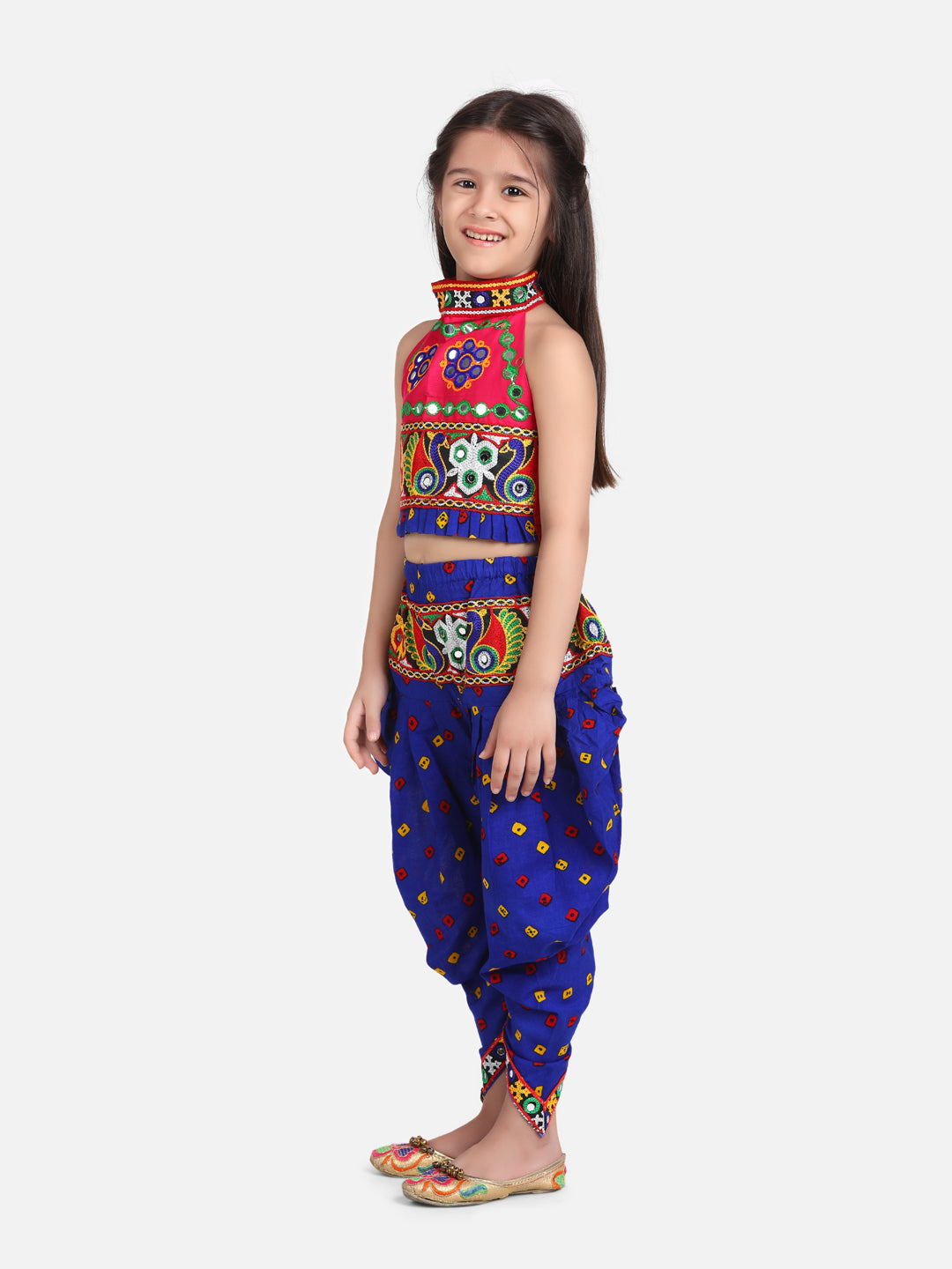 BownBee Blue Bandhani Cotton Dhoti Kurta Set and Choli with Dhoti for Kids - Sibling Set