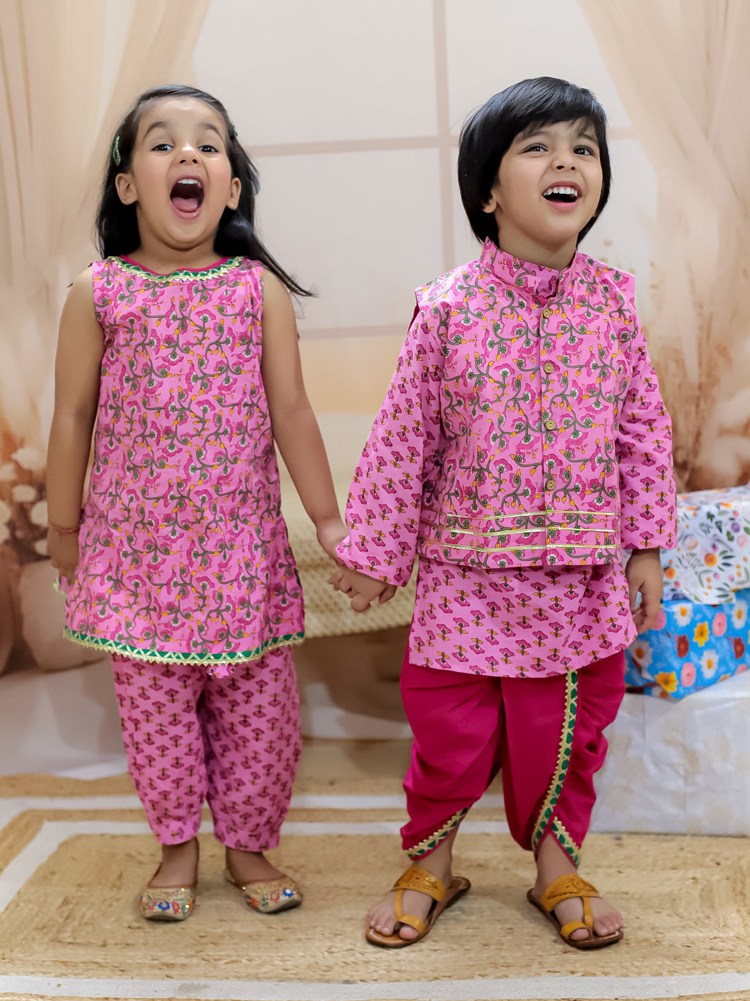 BownBee Sibling Set Pure Cotton Jacket Dhoti Kurta with Halter Neck Kurti Harem Set - Pink