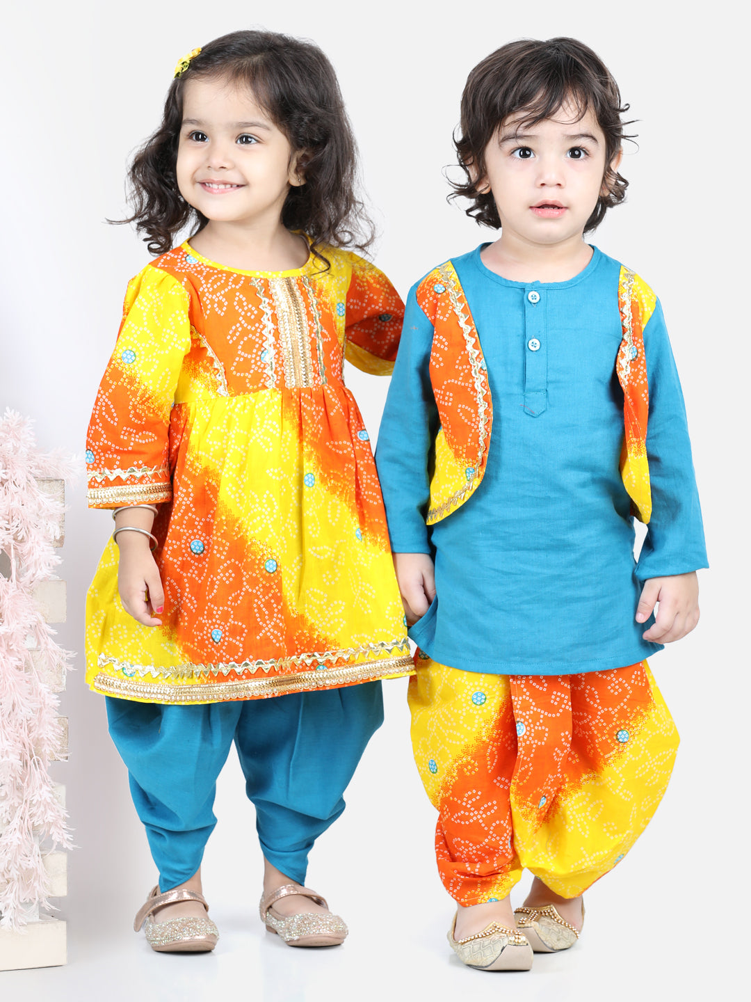 BownBee Sibling Set Attached Jacket Cotton Dhoti Kurta for Boys- Blue with Bandhani Print Cotton Top with Dhoti for Girls- Orange