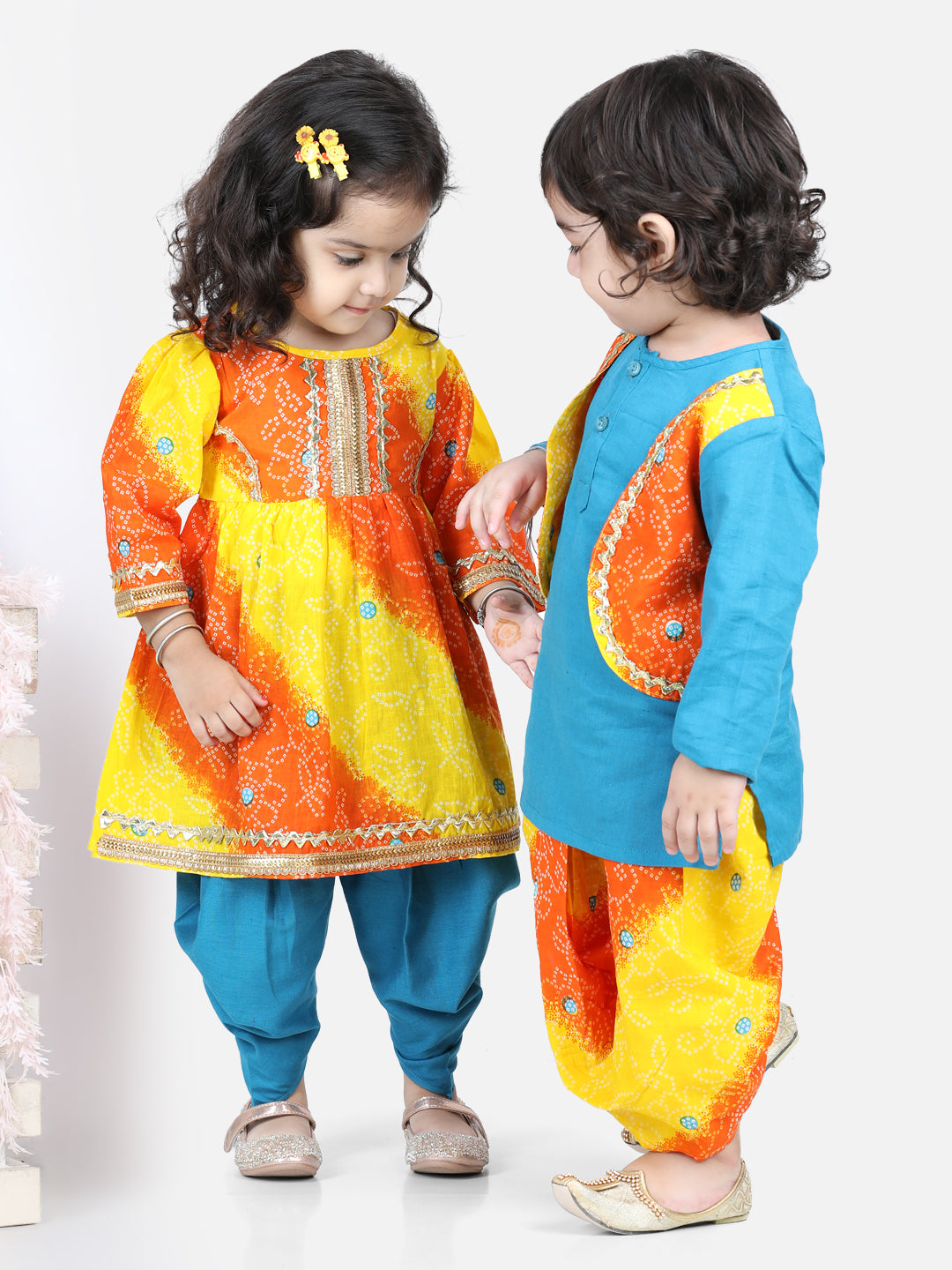 BownBee Sibling Set Attached Jacket Cotton Dhoti Kurta for Boys- Blue with Bandhani Print Cotton Top with Dhoti for Girls- Orange