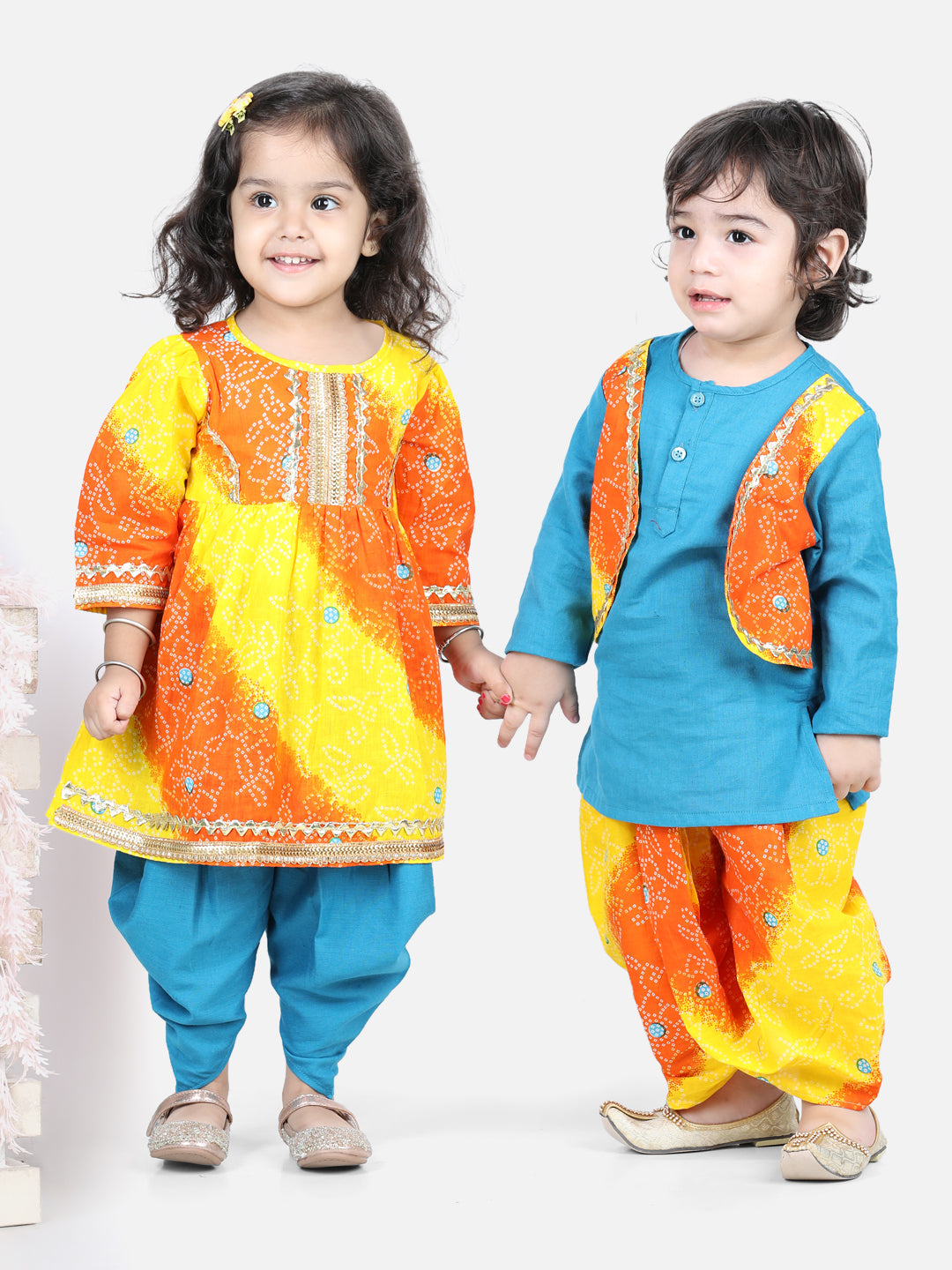 BownBee Sibling Set Attached Jacket Cotton Dhoti Kurta for Boys- Blue with Bandhani Print Cotton Top with Dhoti for Girls- Orange