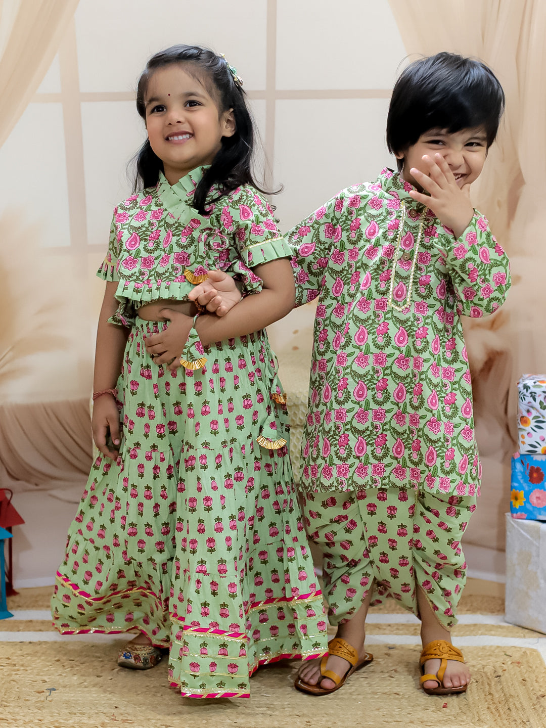 BownBee Sibling Set Pure Cotton Printed Dhoti Kurta with Front Open Choli Lehenga Set- Green