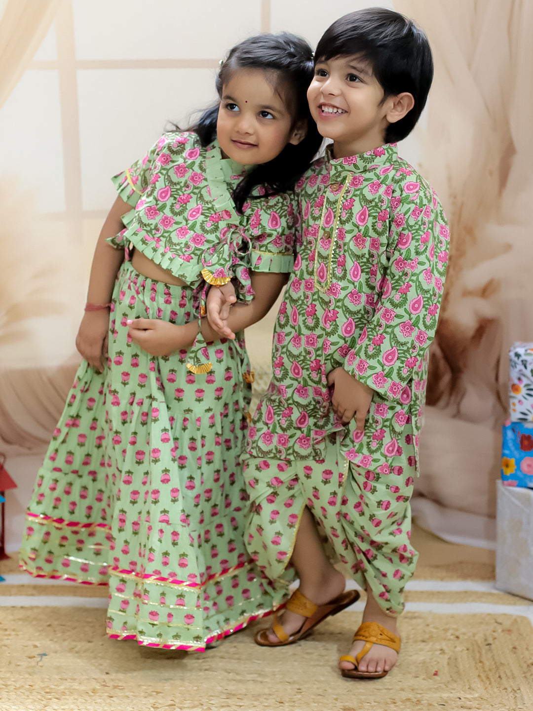 BownBee Sibling Set Pure Cotton Printed Dhoti Kurta with Front Open Choli Lehenga Set- Green