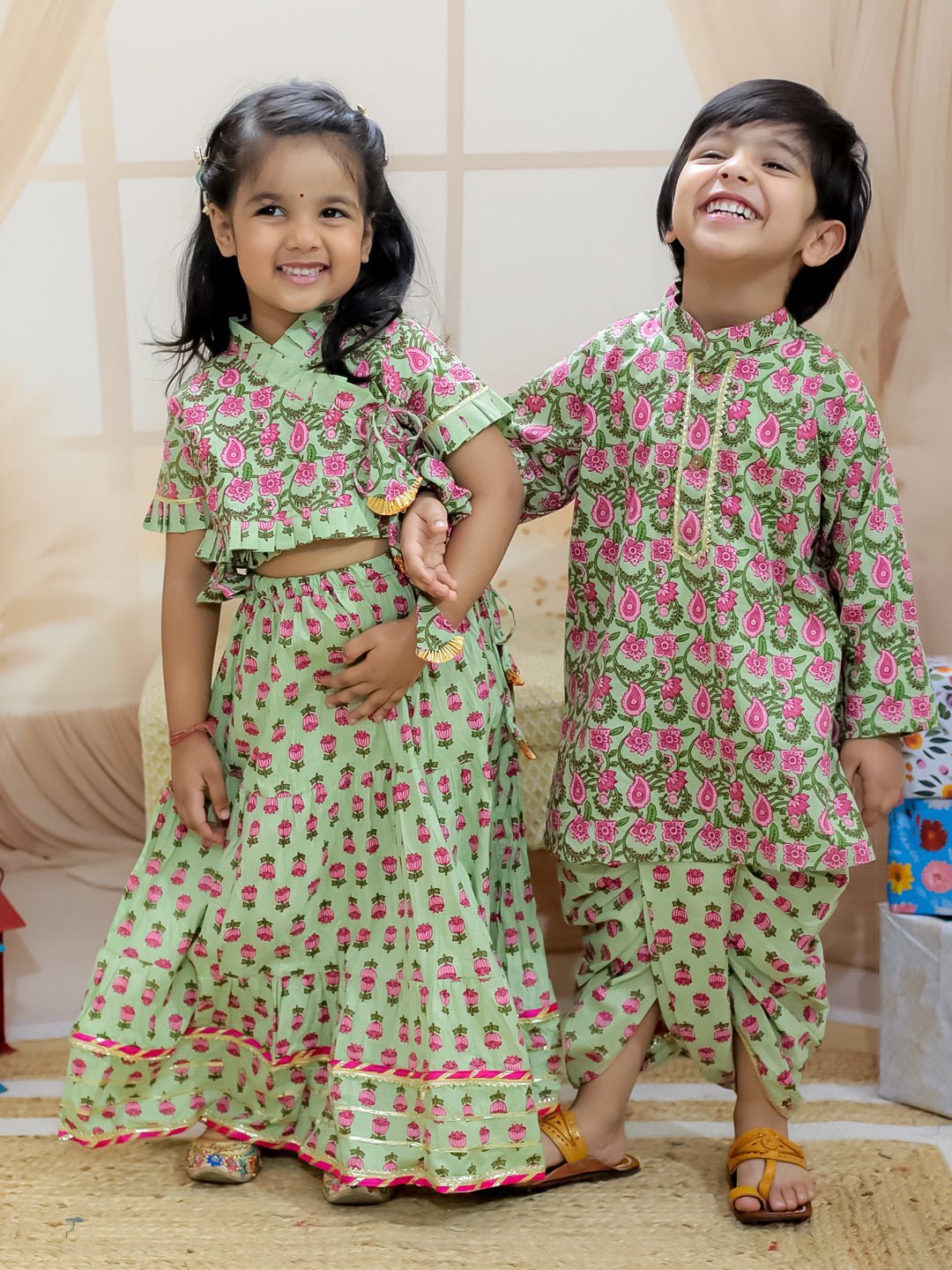 BownBee Sibling Set Pure Cotton Printed Dhoti Kurta with Front Open Choli Lehenga Set- Green