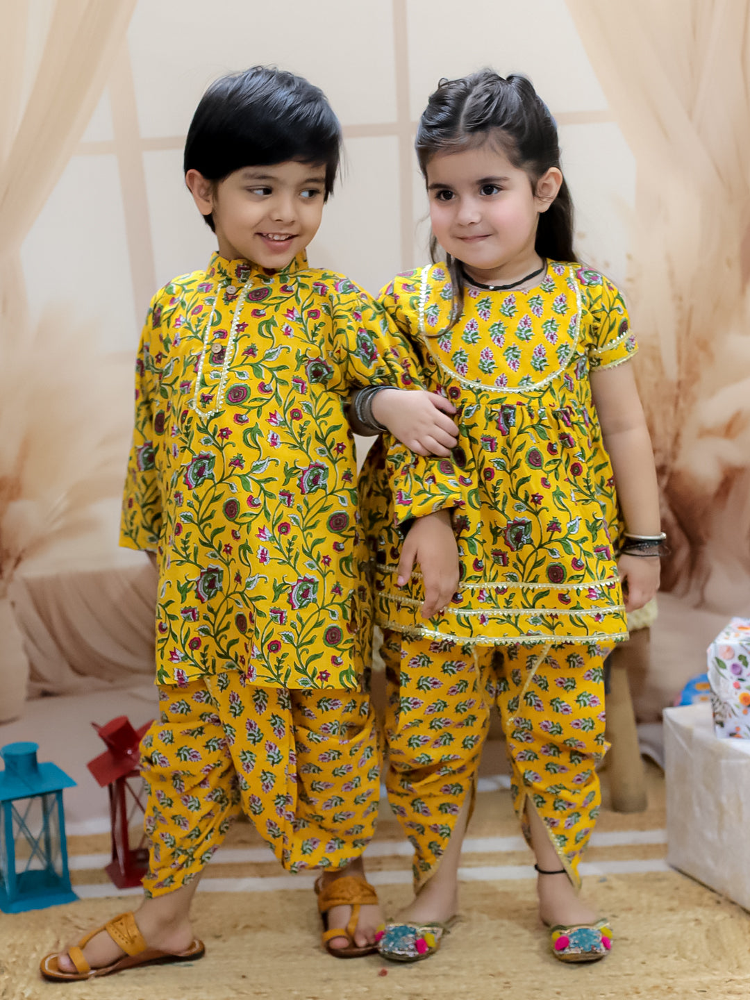 BownBee Sibling Set Pure Cotton Printed Kurta Dhoti with Pure Cotton Patch Top Dhoti - Yellow