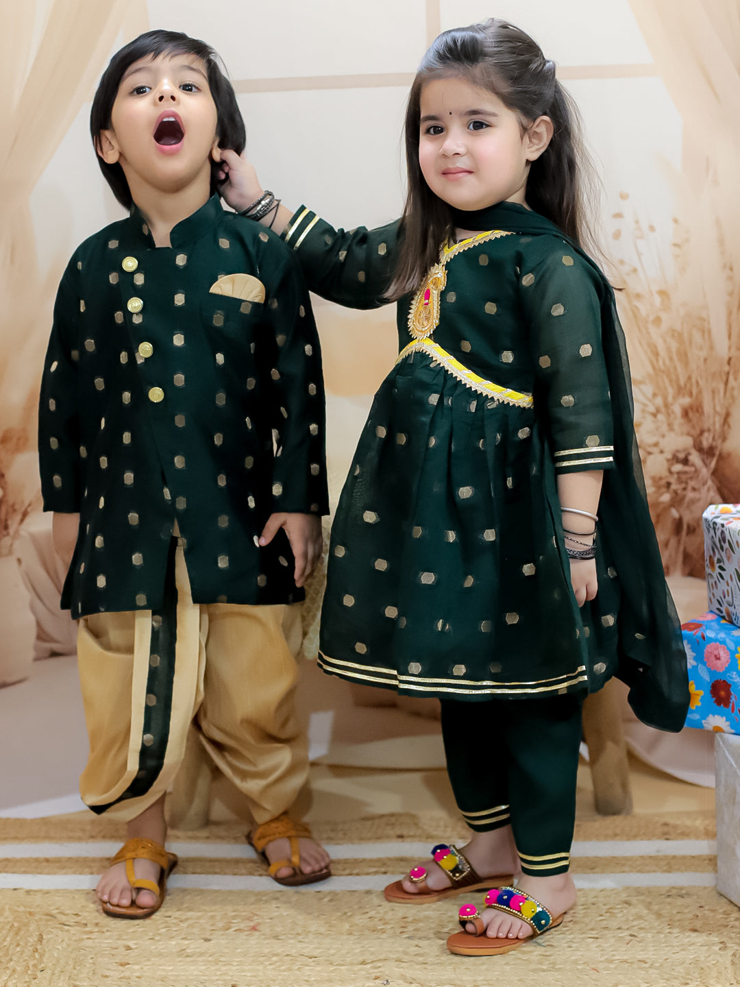 BownBee Sibling Set Chanderi Booti Front Open Sherwani Dhoti with Kurti Pant Dupatta- Green