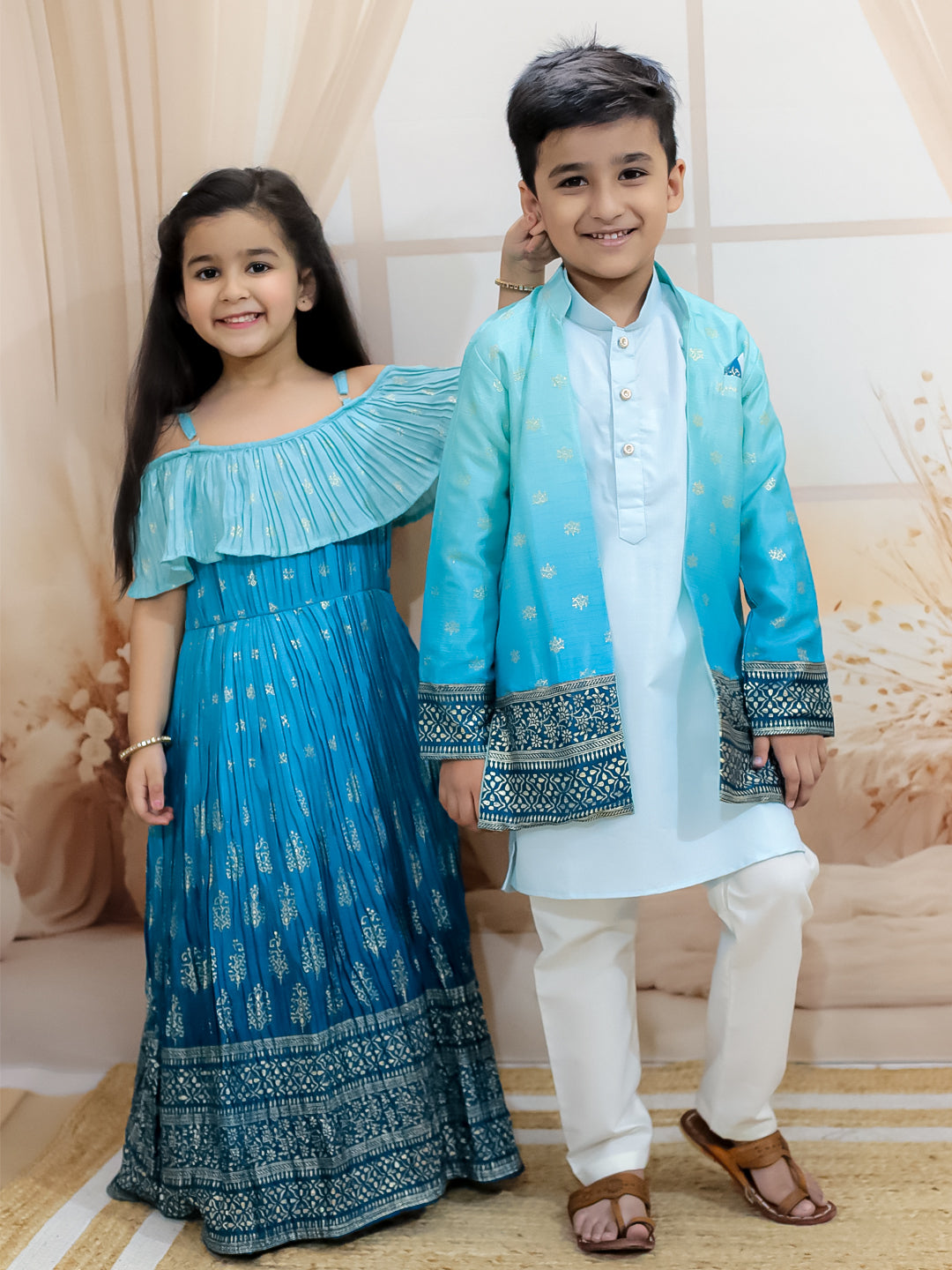 BownBee Sibling Set Shaded Long Jacket with Cotton Kurta Pajama with Off Shoulder Gown Dress- Blue