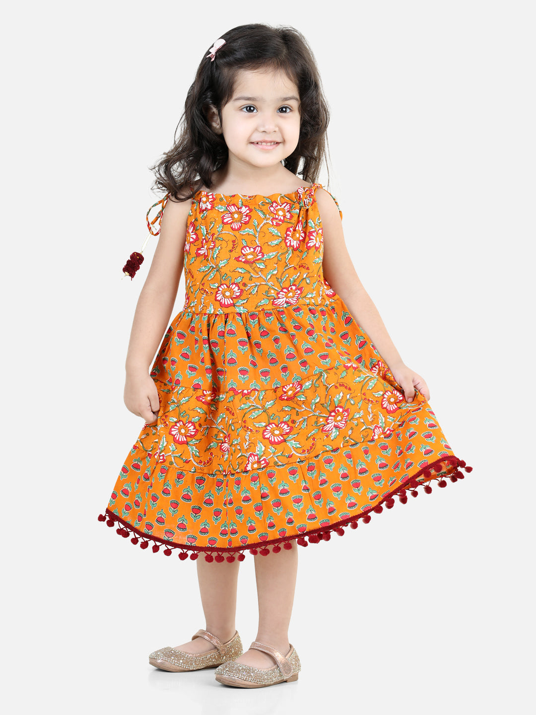 BownBee 100% Cotton Printed Tier Frock  and Dresses for Girls- Yellow