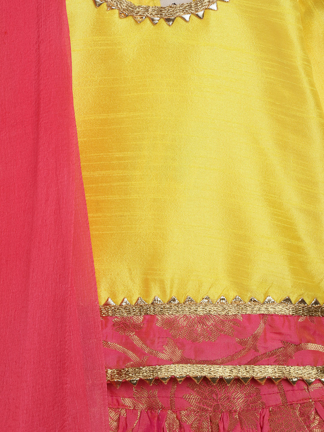 BownBee Three Fourth Sleeves Choli With Brocade Lehenga & Dupatta Set - Yellow Pink