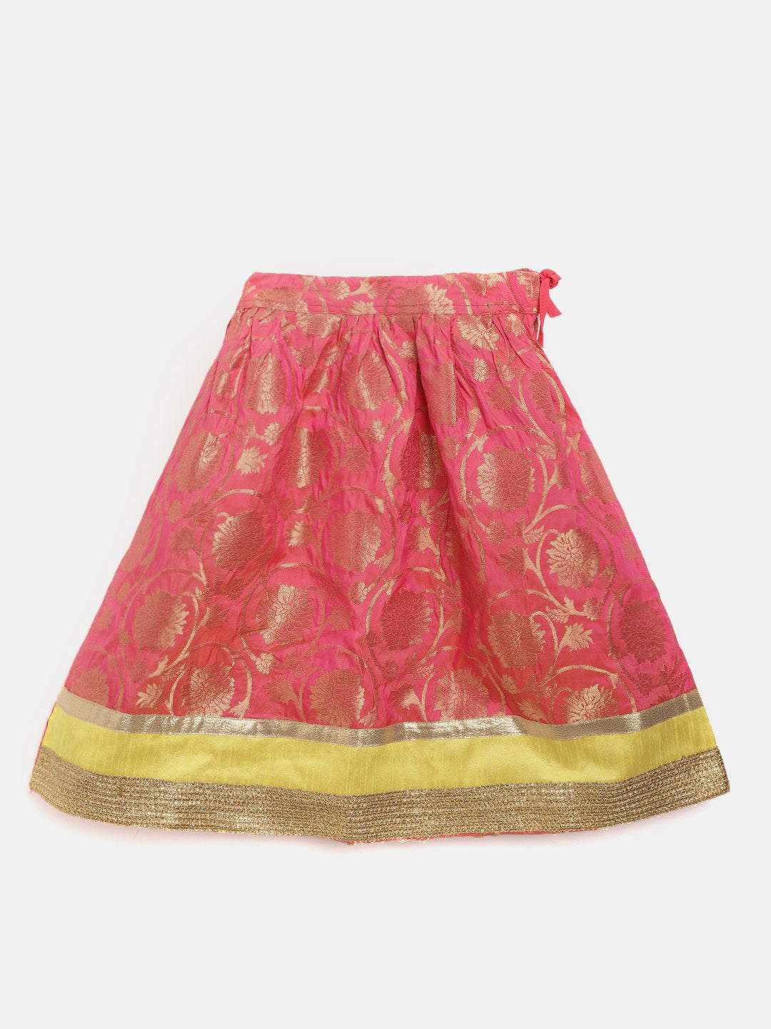 BownBee Three Fourth Sleeves Choli With Brocade Lehenga & Dupatta Set - Yellow Pink